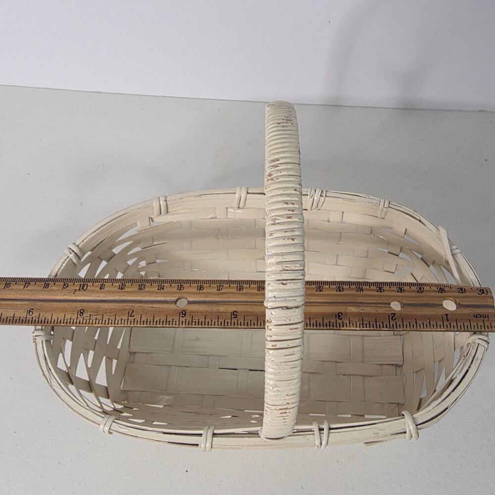 Vintage Cream Shabby Chic Woven Gathering Basket White Splint Wood Reed Handle - Picture 7 of 8
